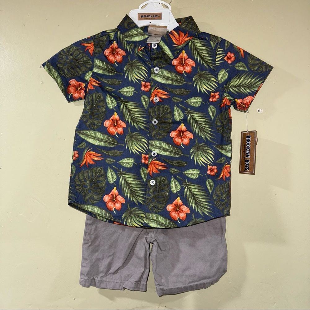 Brooklyn Boys size 4 Navy Hawaiian Floral button up & shorts outfit NWT